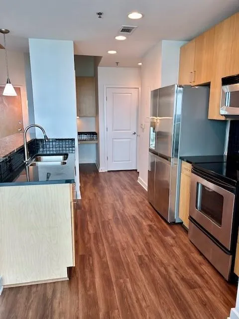 Kitchen with stainless steel appliances, dark countertops, recessed lighting, dark wood finished floors, and hanging light fixtures
