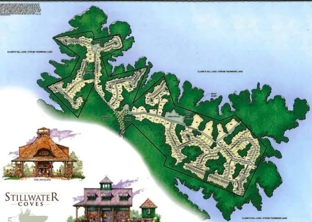 Site Plan, Stillwater Coves Development. Illustrating the property layout, individual lots, and surrounding water bodies