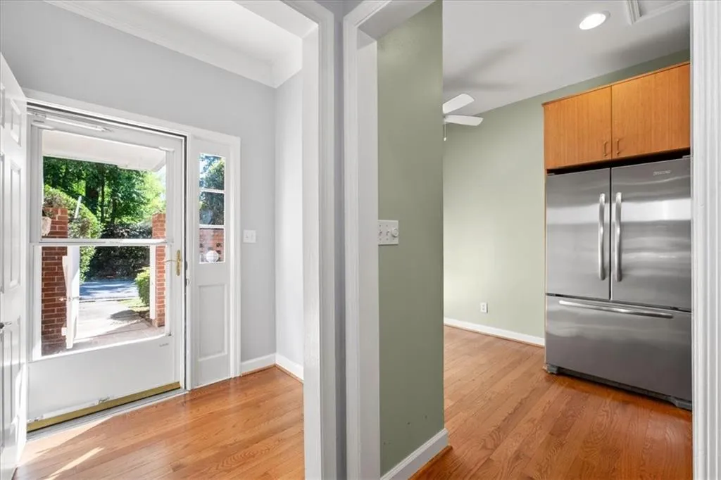 Foyer featuring recessed lighting, baseboards, a ceiling fan, and light wood-type flooring