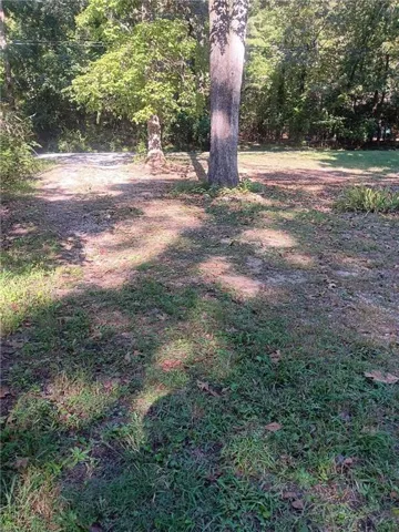 Mature shade trees and natural woodland setting create a serene outdoor environment