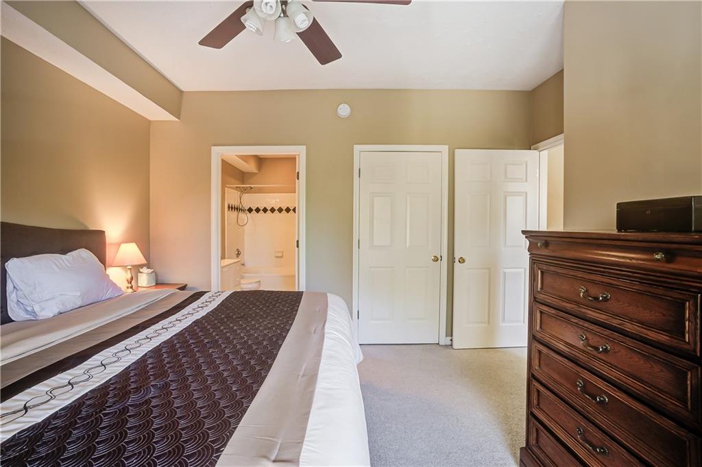 Carpeted bedroom with ensuite bathroom and ceiling fan