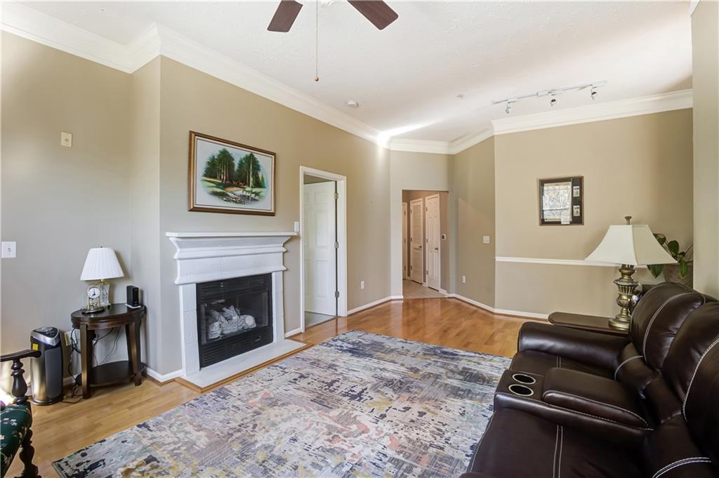 Living room featuring ornamental molding, track lighting, light wood-type flooring, and ceiling fan