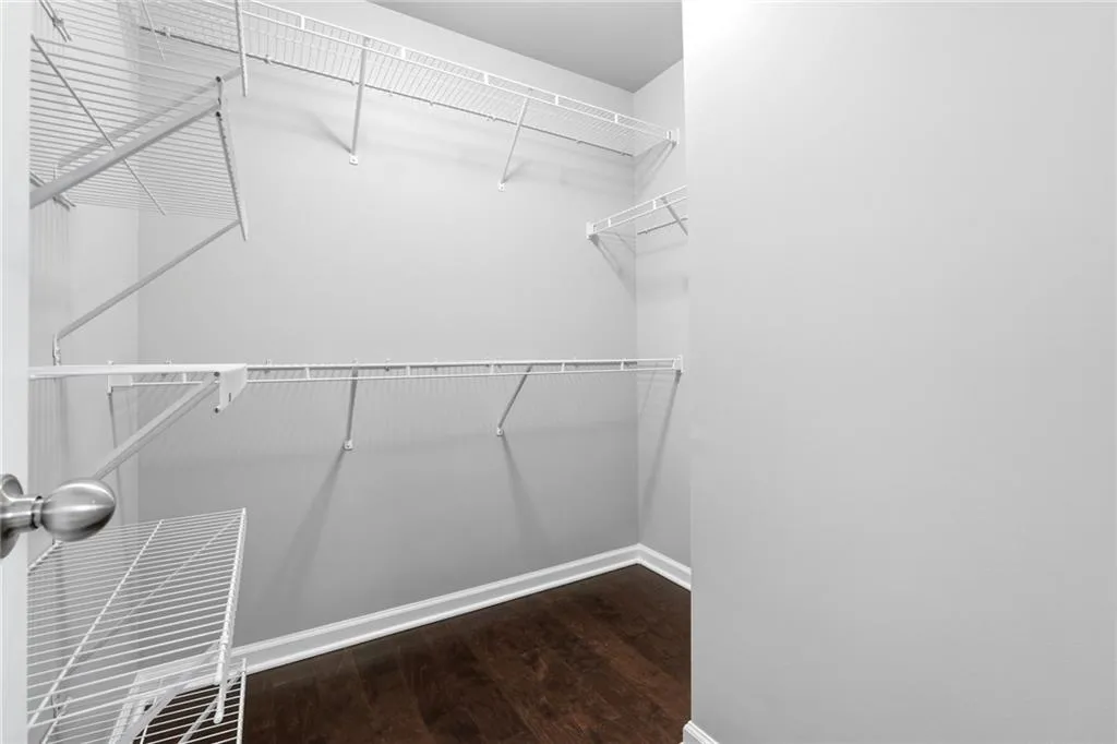 Walk in closet with dark wood finished floors