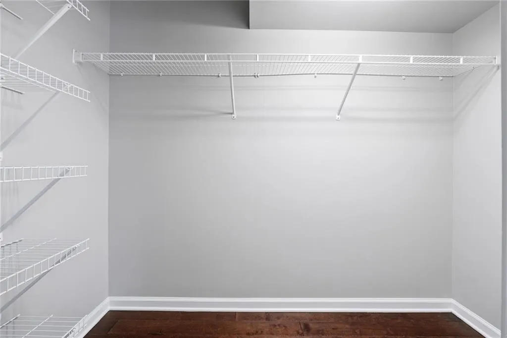 Walk in closet featuring dark wood-style floors