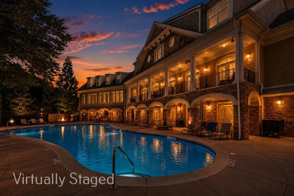 Resort-style pool with an amazing two-level clubhouse that features an upscale commercial style fitness center, bar area, barbecue area, massage chairs, and numerous sitting areas. Evening Sunset View