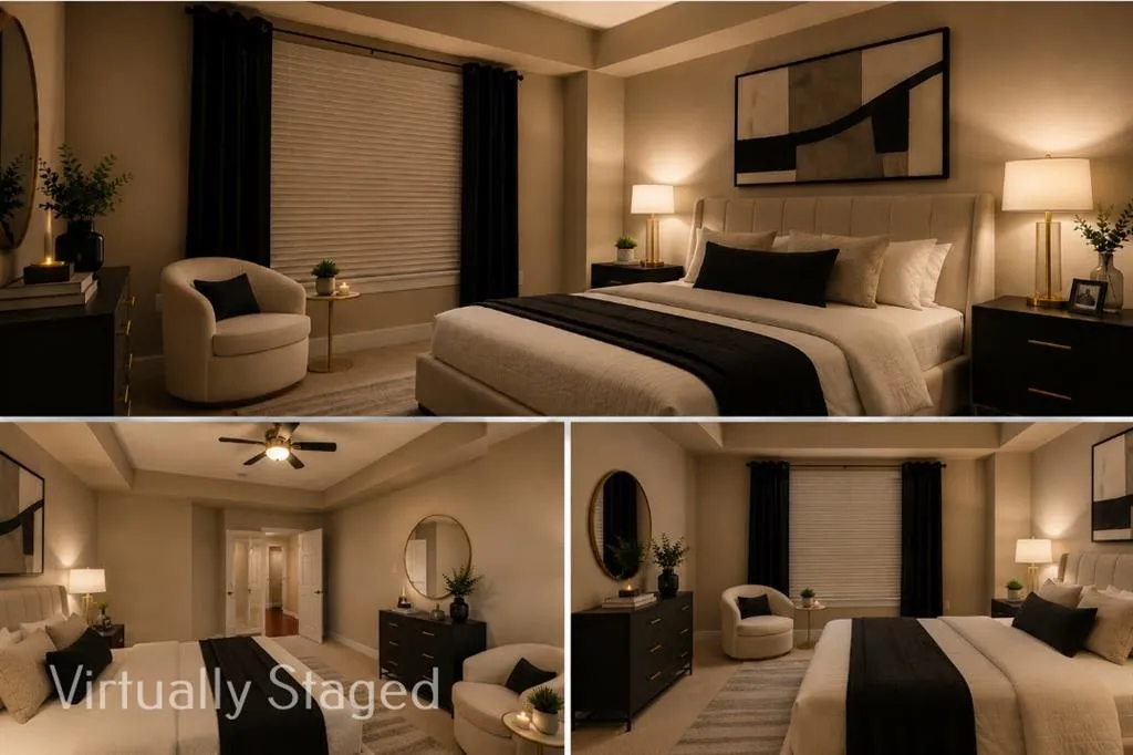 Large primary bedroom with neutral wall tones and neutral colored carpet, adjacent to custom closet system and bathroom.-Evening View