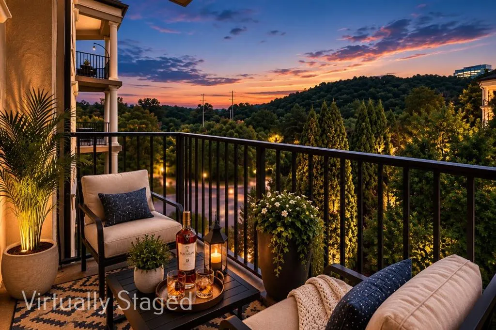 Private balcony to enjoy brunch, lunch, dinner, cocktails, and the expansive tree-lined backdrop