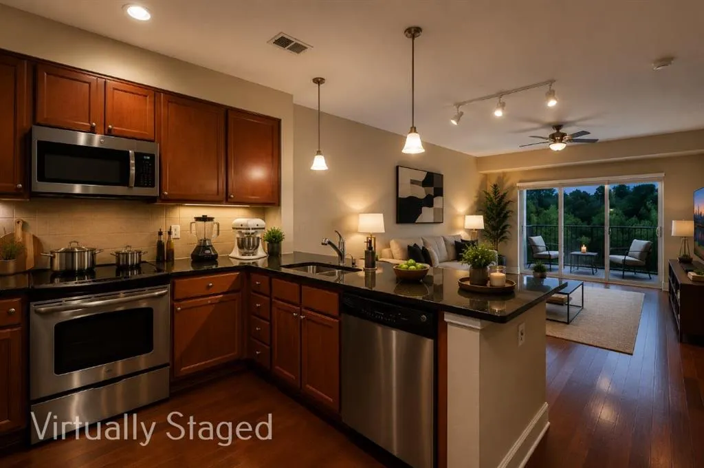 Kitchen featuring dark wood cabinetry, stainless steel appliances, dark stone countertops, and a tile backsplash
