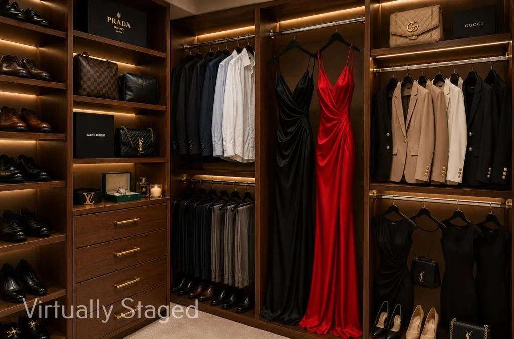 Built-in large custom closet system featuring wood-finish cabinetry, integrated shelving, and multiple hanging rods