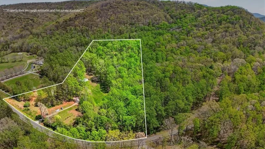 Aerial overview of property's location featuring a forest and property parcel outlined