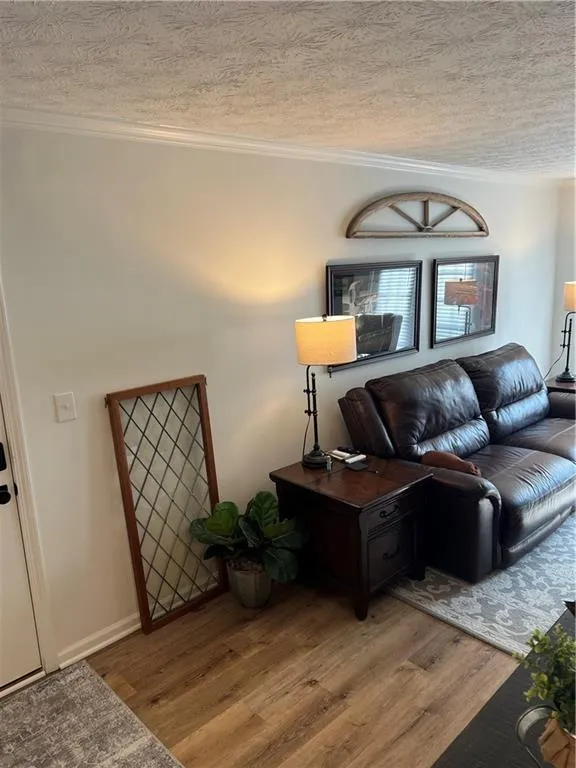 Living area featuring crown molding, light wood-type flooring, and a textured ceiling