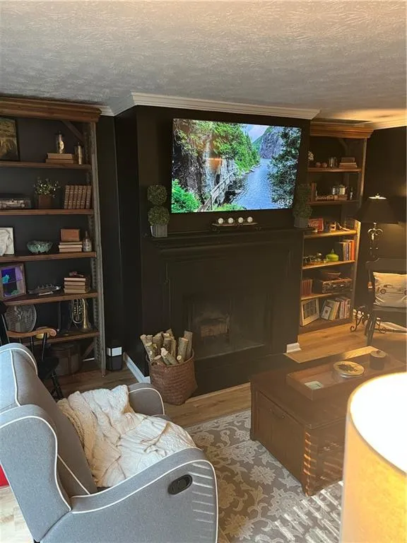 Cinema room with a textured ceiling, a fireplace, light wood-style floors, and ornamental molding