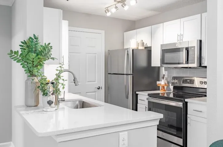 Kitchen with white cabinetry, stainless steel appliances, decorative backsplash, rail lighting, and sink