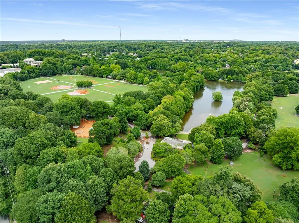 Bird's eye view of a nearby body of water and a forest