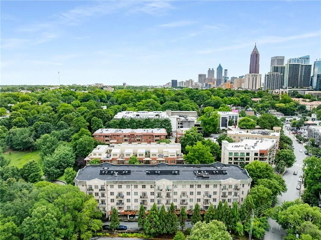 Bird's eye view of skyline and a tree filled landscape