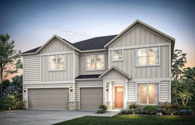 Contemporary two-story exterior featuring board and batten siding, horizontal siding accents, and a dark shingle roof