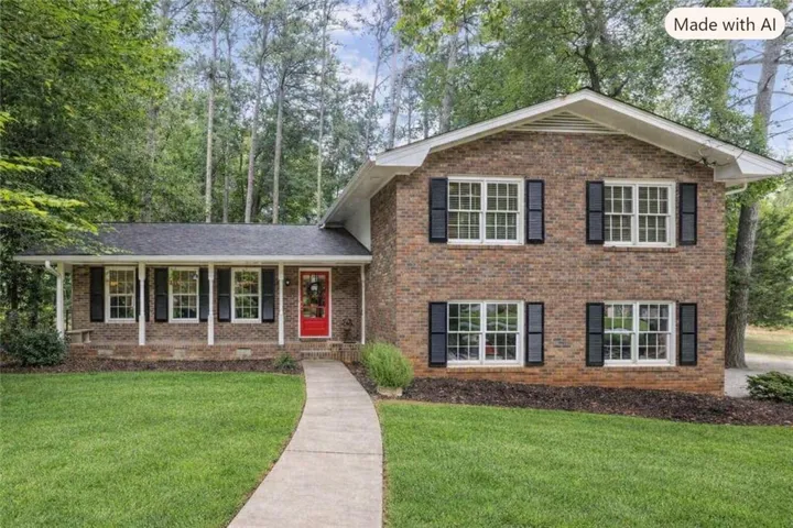 Brick exterior with white windows and black shutters