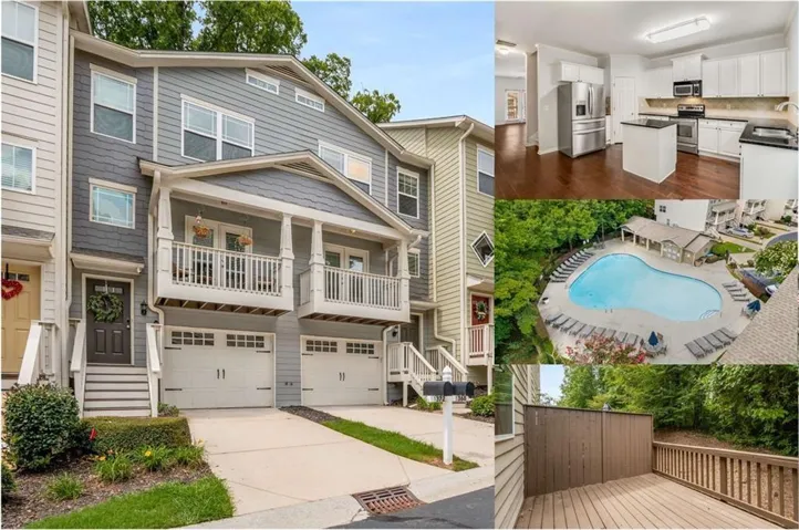 Multi-level townhouse with private balconies, attached garages, and a spacious rear deck
