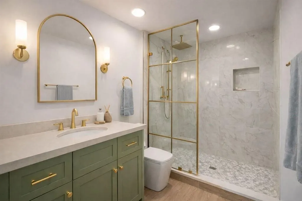 Bathroom with vanity, a marble finish shower, and recessed lighting