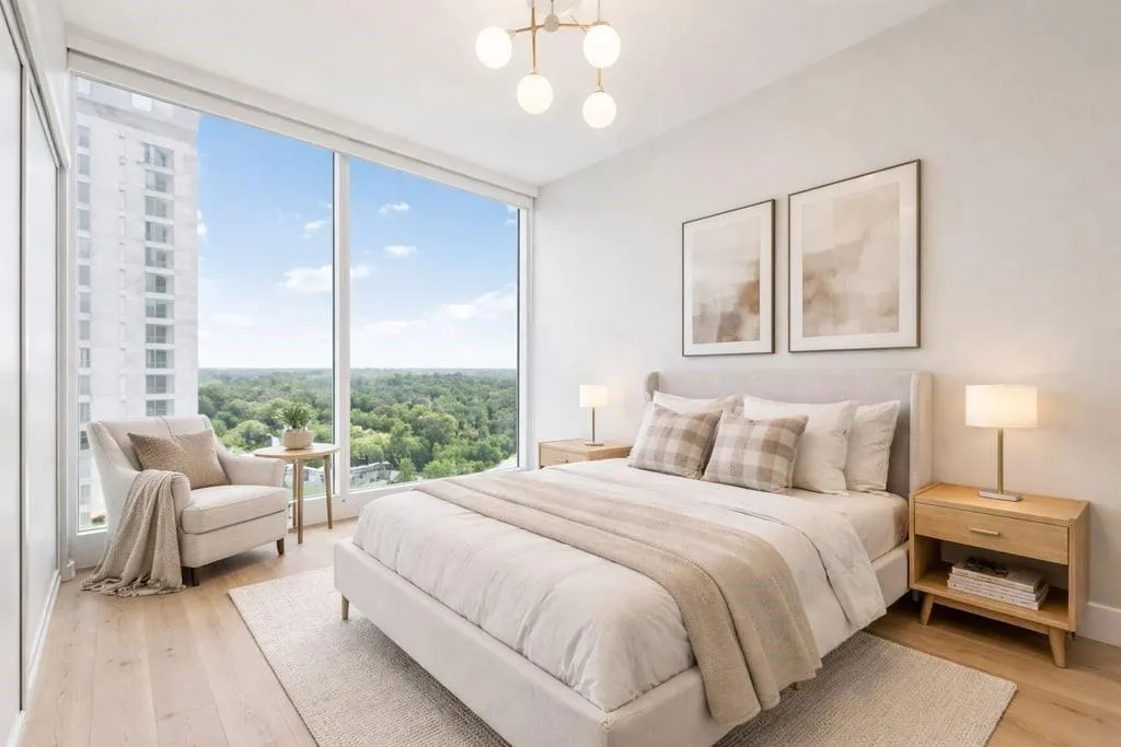 Bedroom featuring floor to ceiling windows, a chandelier, and light wood-style floors