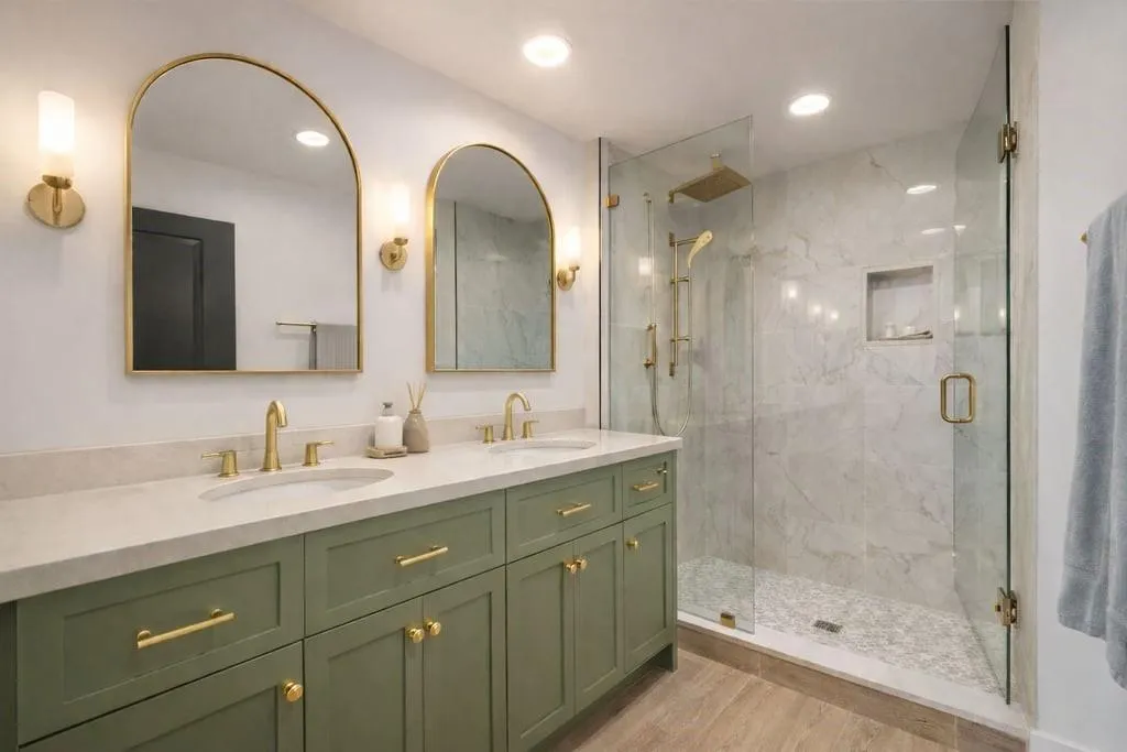 Full bathroom with double vanity, a marble finish shower, light wood-style flooring, and recessed lighting