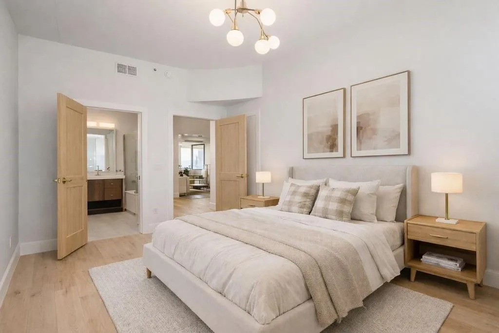 Bedroom with a chandelier, light wood finished floors, and connected bathroom