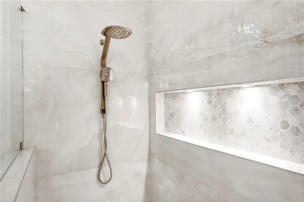 Bathroom view of tiled shower