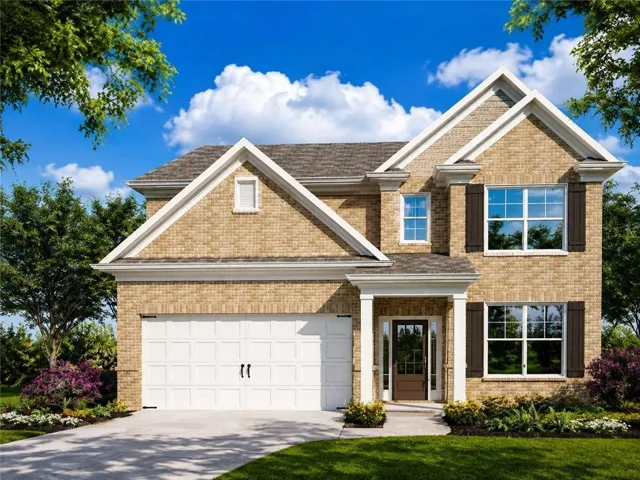 Two-story brick facade, gabled rooflines, two-car garage, covered entry, and dark window shutters