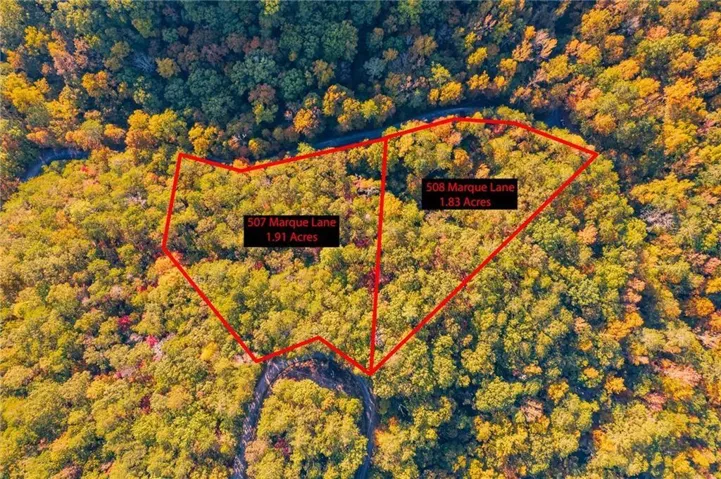 Aerial depiction of two wooded parcels, 507 Marque Lane (1.91 Acres) and 508 Marque Lane (1.83 Acres), outlined in red
