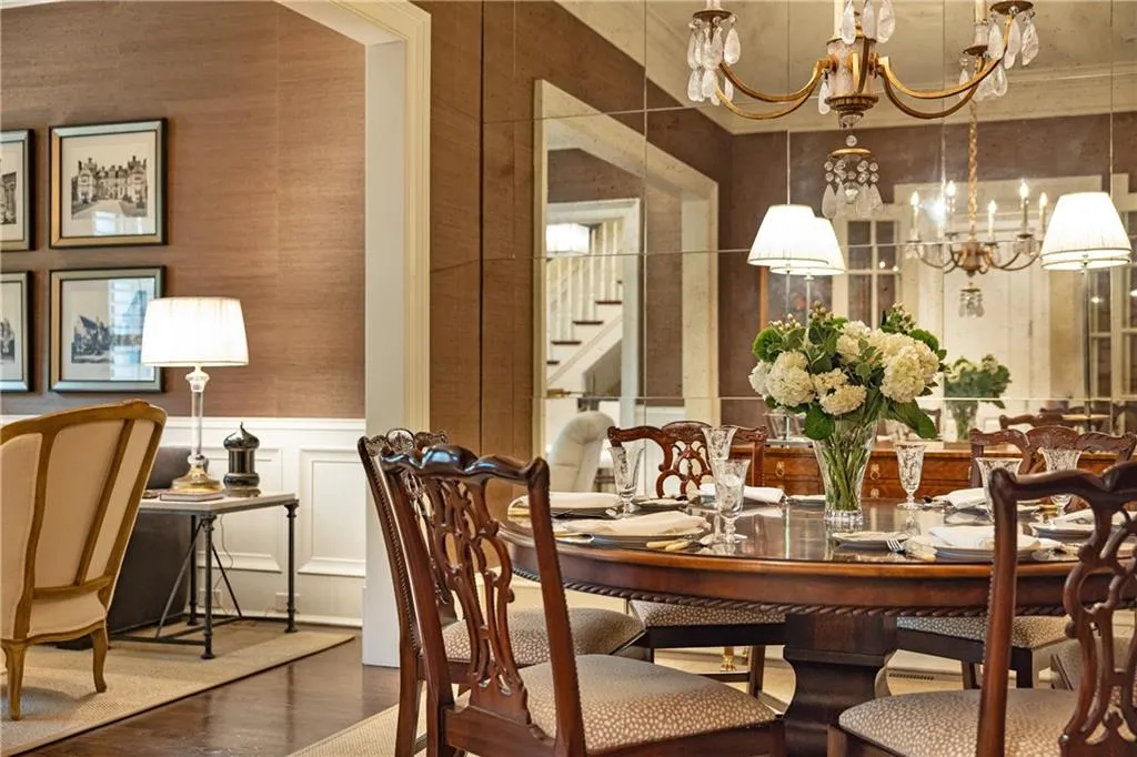 antique mirrored wall enhances the space