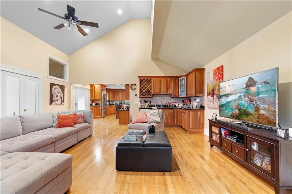 Spacious, light filled family room with fireplace