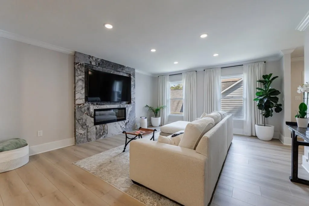 Living Room with Marble Surround Fireplace
