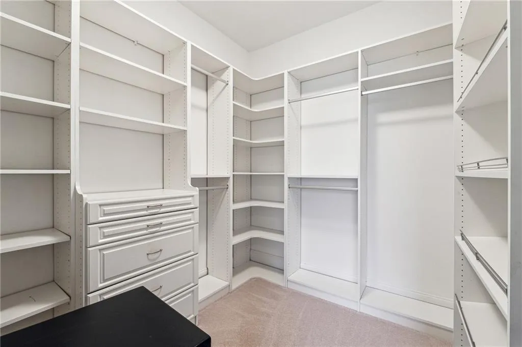 Walk in closet with light colored carpet