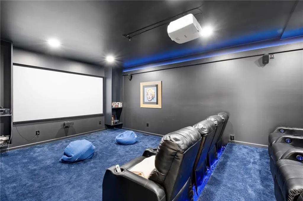 Home theater room featuring dark carpet and baseboards