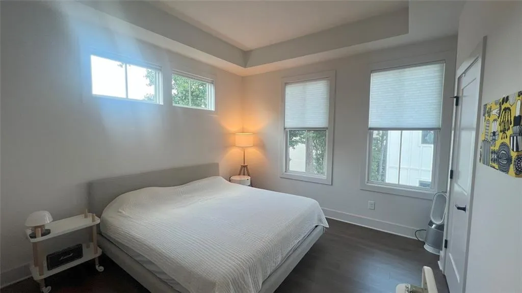 Bedroom with dark wood finished floors and a raised ceiling