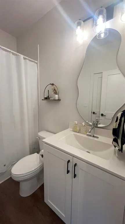 Bathroom featuring vanity, dark wood-style flooring, and a shower with curtain