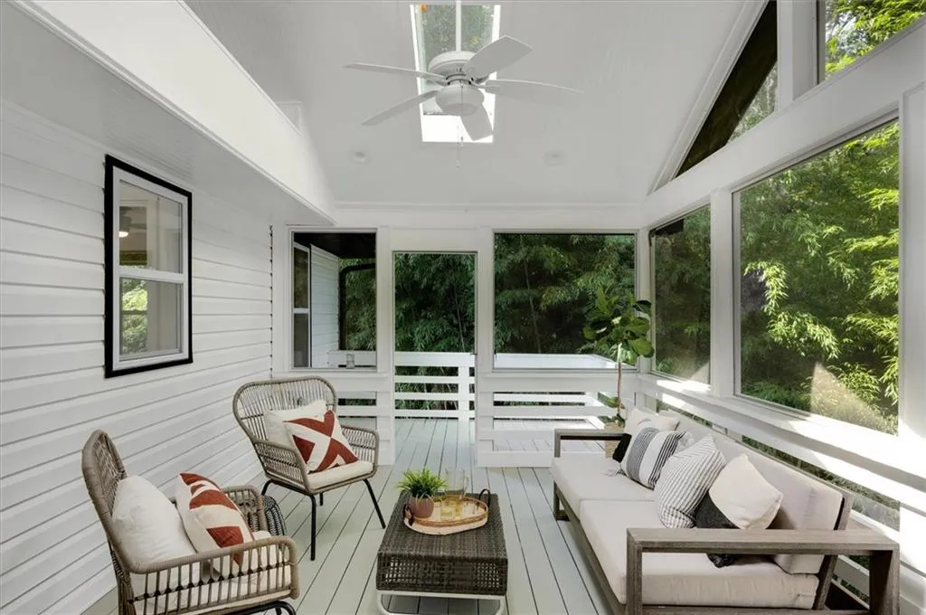 Screened in patio with skylights, with serene views