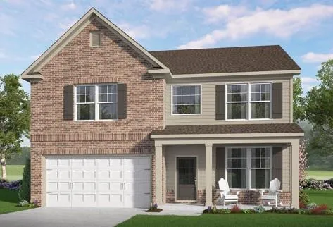 Brick and siding exterior, covered front porch, white paneled garage door, multiple window styles, and gabled roofline