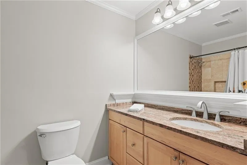 Full bathroom featuring vanity, crown molding, and curtained shower