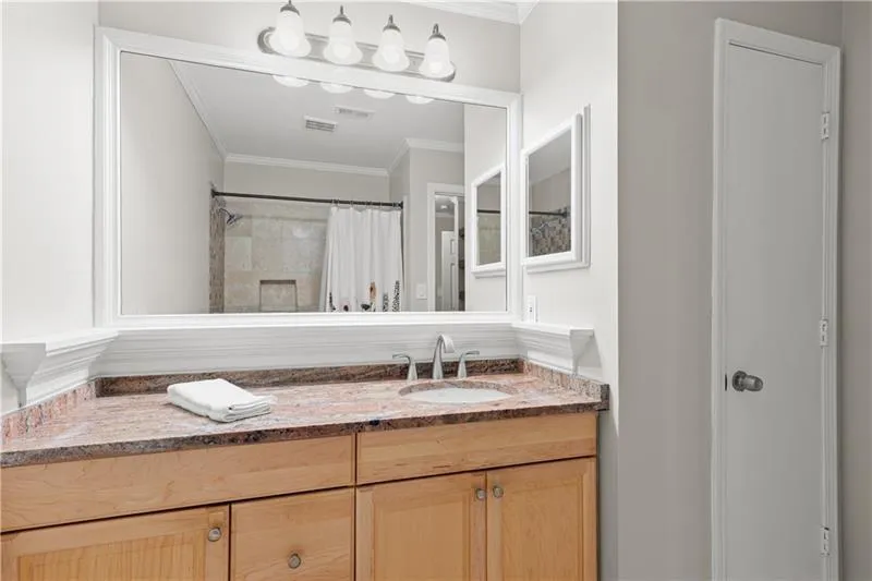 Full bathroom with vanity, ornamental molding, and a shower with curtain