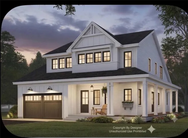 Two-story residence featuring white board-and-batten and horizontal siding, a black shingle roof, a two-car garage with carriage-style doors, a covered front porch with square columns, and black-framed windows