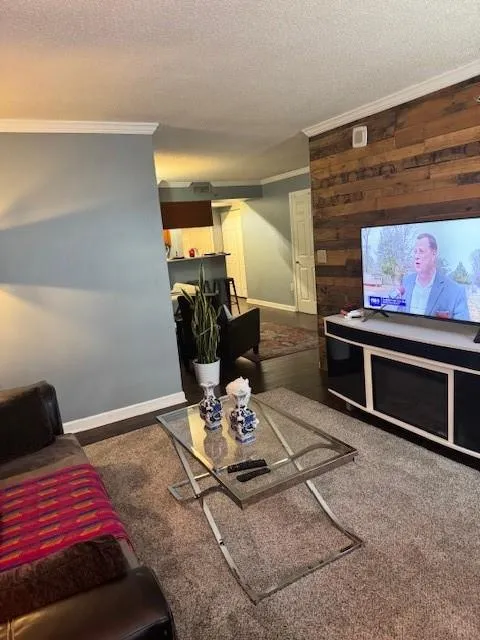Living room with crown molding and a textured ceiling