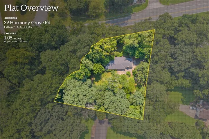 Aerial overview of a 1.05-acre lot featuring a single-story residence with a dark-toned roof, surrounded by mature trees and natural landscaping