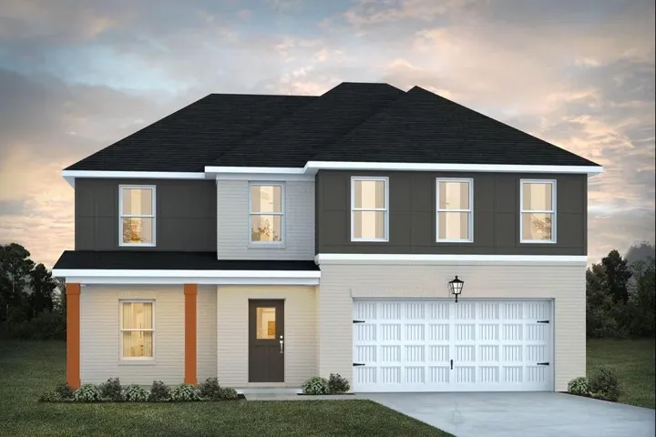 View of front of home with a garage, driveway, roof with shingles, and a lawn