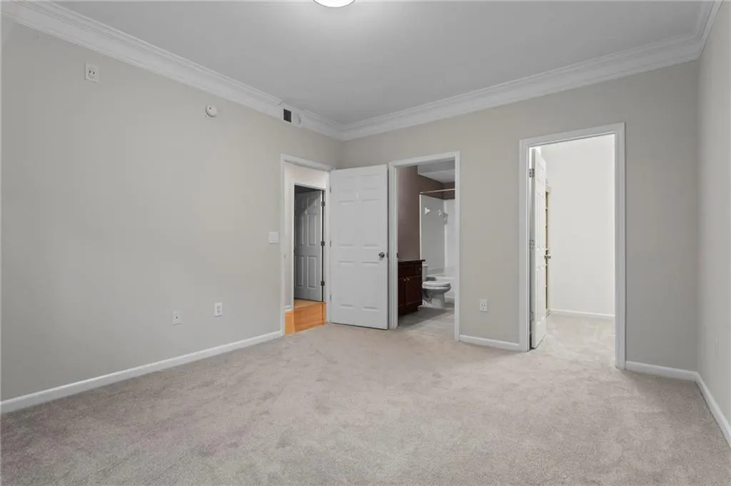 Unfurnished bedroom featuring a spacious closet, light colored carpet, ornamental molding, and connected bathroom