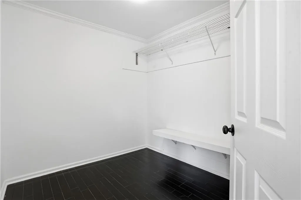 Walk in closet with dark wood-style floors