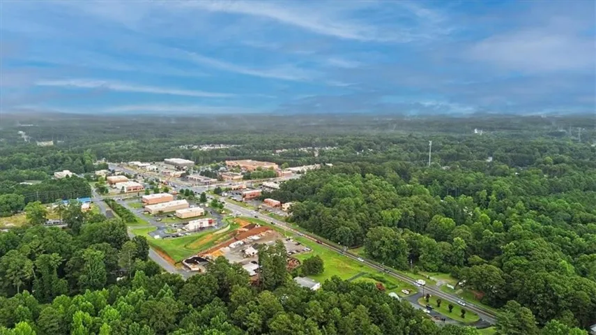 Aerial perspective showcasing a commercial district surrounded by extensive wooded areas