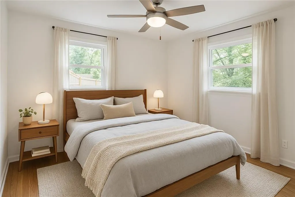 Bedroom featuring wood finished floors, multiple windows, and ceiling fan
