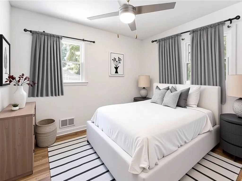 Bedroom with light wood-style floors and ceiling fan