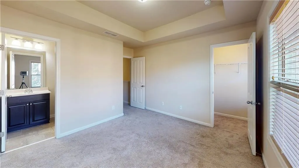 Secondary bedroom featuring sink, a spacious closet, a tray ceiling, a closet, and light colored carpet